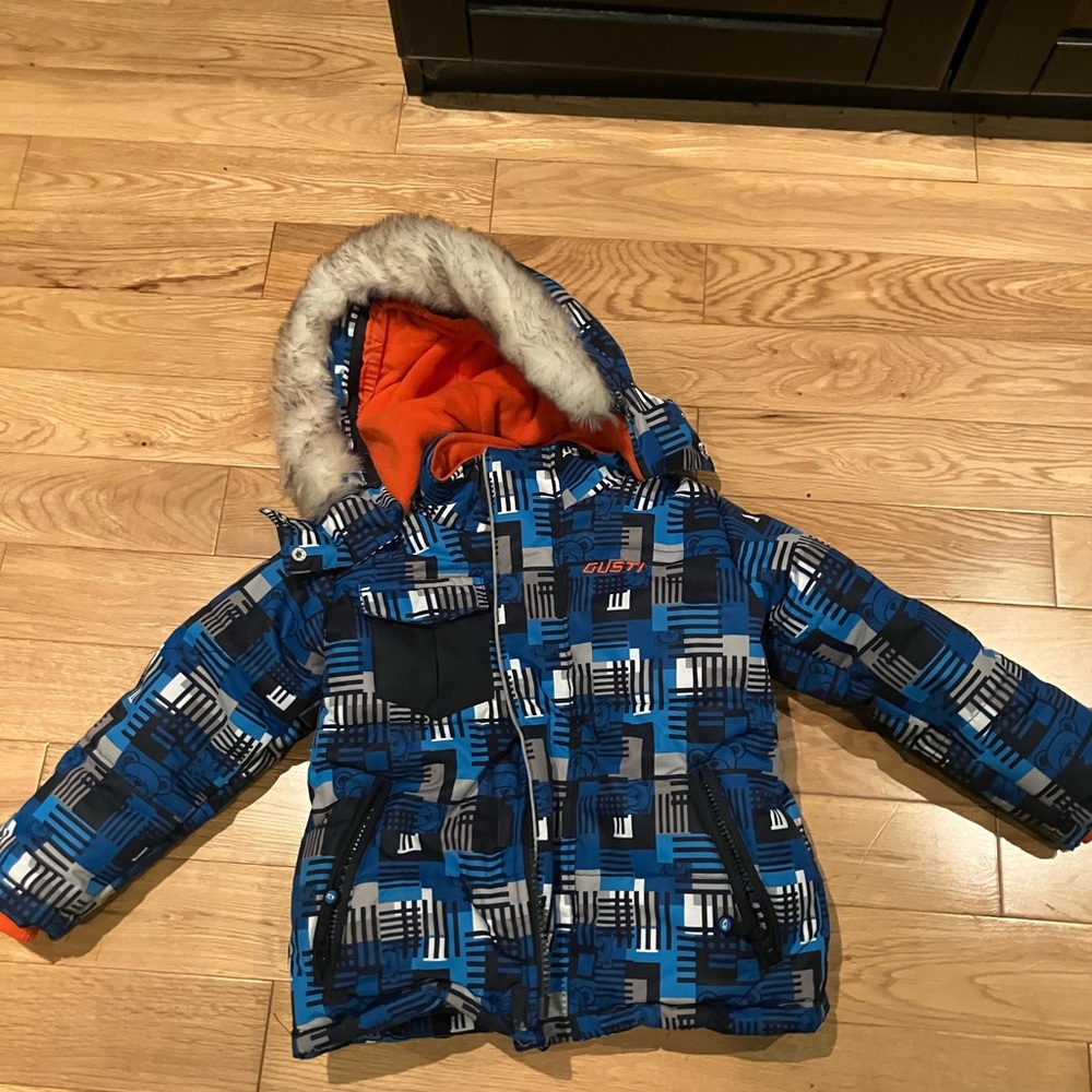 Blue and Black Patterned Winter Jacket with Fur Hood